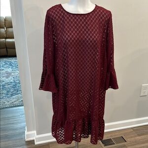 Anthroplogie Sunday in Brooklyn Large Sheer Burgundy Polka Dot Dress Ruffle Hem